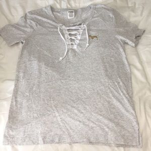 VS PINK Gold Glitter Dog Lace Up T-Shirt